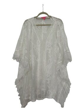 Lilly Pulitzer Skyla Caftan White Lace Fringe Kimono Cover-Up size M